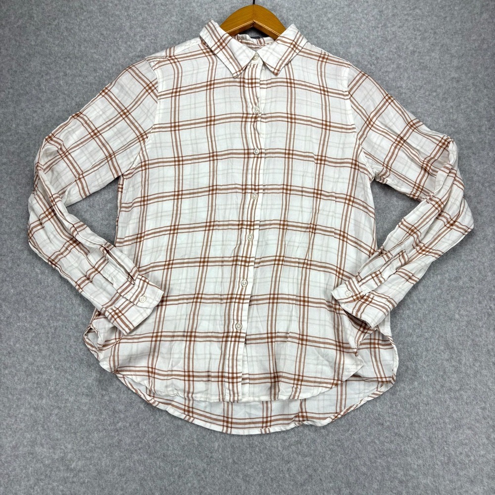 Lucky Brand Shirt Women Small White Brown Plaid Cottagecore Casual Everyday Wear